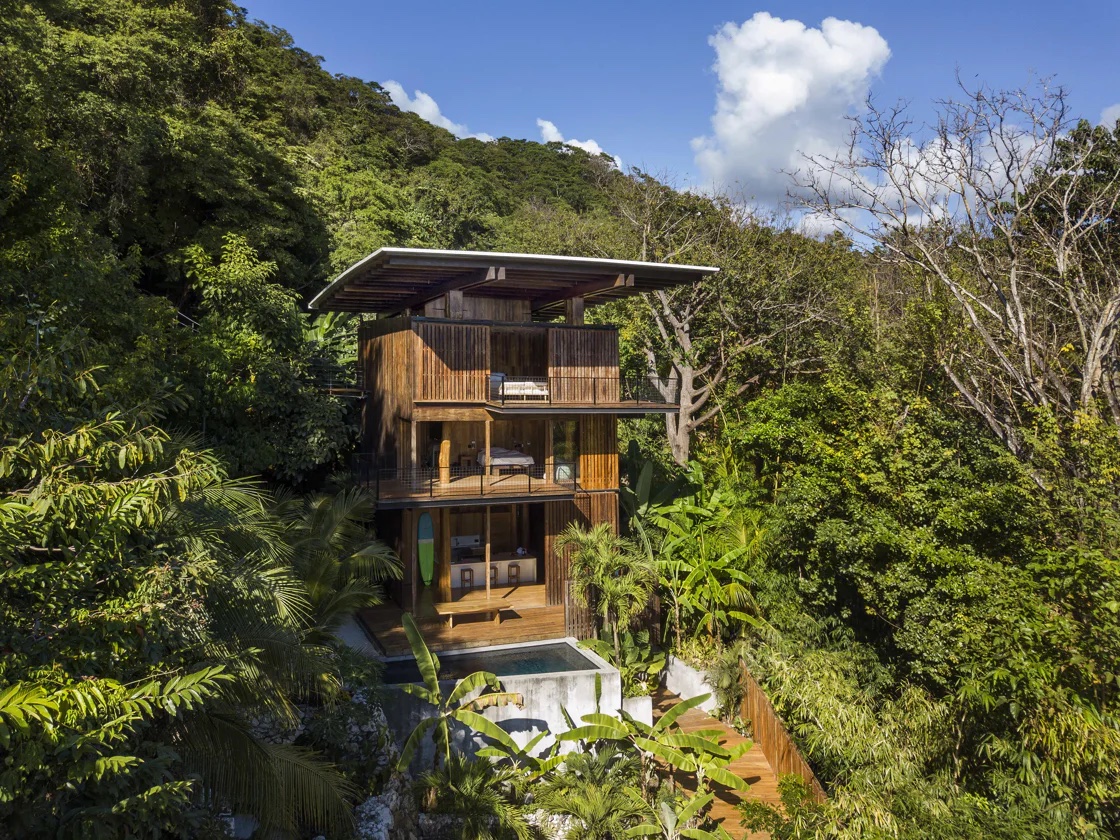 A Santa Teresa, in Costa Rica, una villa sviluppata in altezza per godere dell'intero sviluppo degli alberi intorno e catturare la brezza dell'Oceano. Ph. Nic Lehoux.