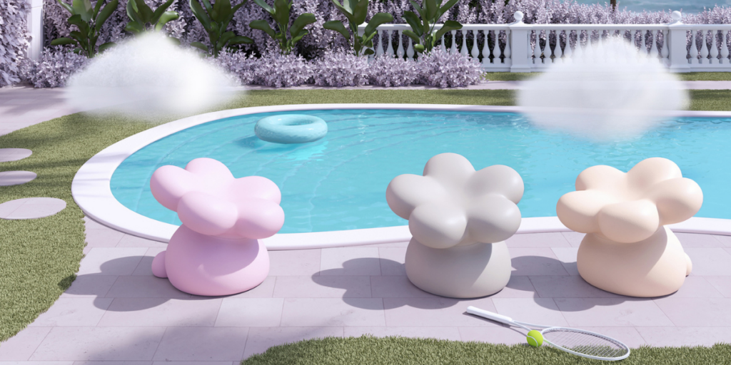 Sono fiori in morbido poliuretano le sedute outdoor Flowie progettate dal duo artistico olandese Supertoys Supertoys nel 2024 per Gufram.